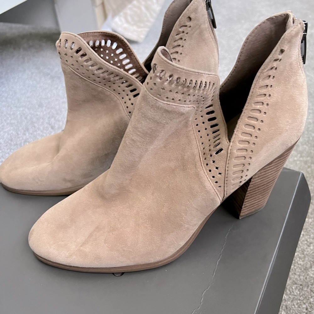 Vince Camuto Taupe Suede Cutout Ankle Booties
